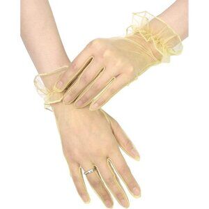 Women's Gold Ruffled Tulle Mesh Evening Short Gloves Wedding Party Prom